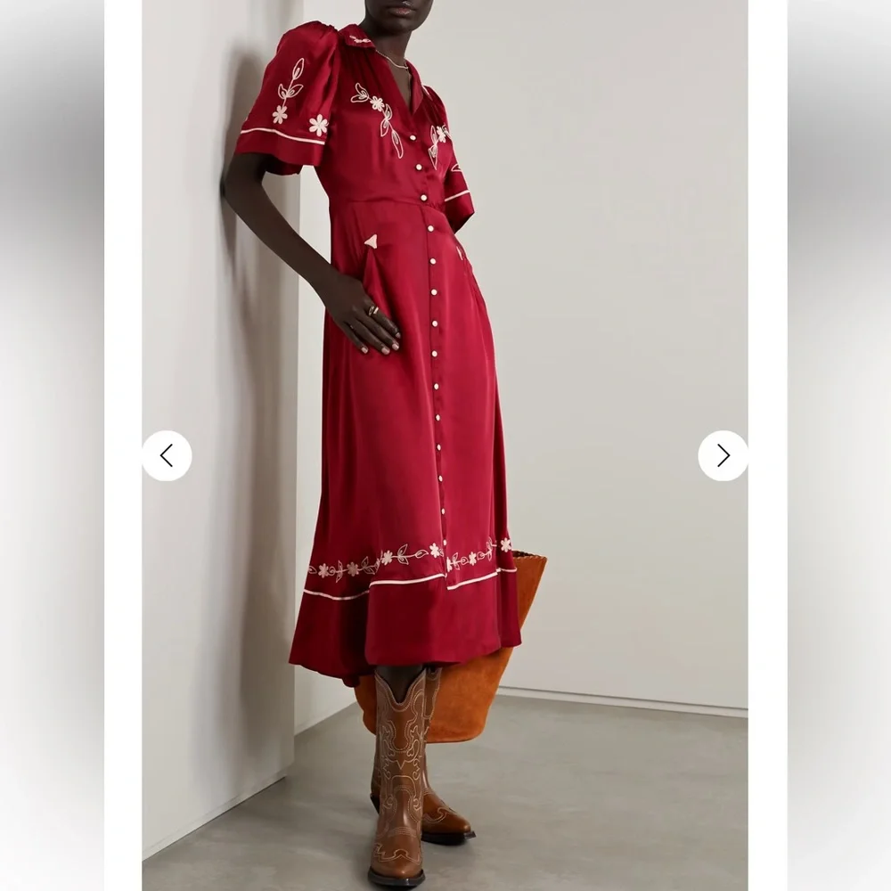 THE GREAT. Red Embroidered Button-Front Maxi Dress - Picture 1 of 8